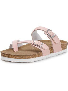 🆕 Women's Pink Leather Toe Loop Buckle Cork Footbed Strappy Slide Sandals Flat